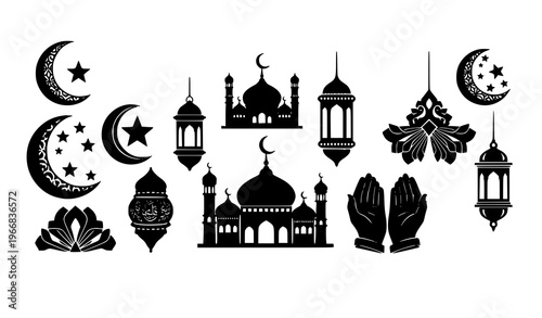 Decorative Eid Mubarak Islamic icons crescent moon lantern mosque symbol collection vector isolated on white