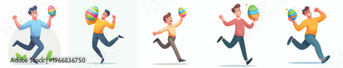 vector of a man dancing happily holding an Easter egg