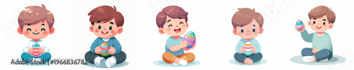 vector of a little boy sitting happily holding an Easter egg