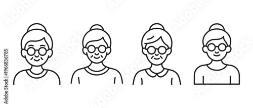 Line Art Icons of Diverse Elderly Women Avatars. Minimalist Set of Senior Citizens with Glasses and Buns.