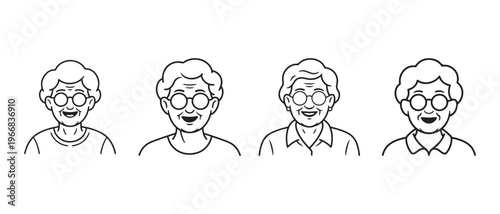 Line art illustrations of diverse smiling elderly women wearing glasses, depicted as friendly senior avatars in black and white style.