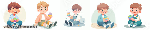 vector of a little boy sitting happily holding an Easter egg