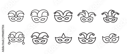 Set of Minimalist Black Outline Carnival and Jester Masks Icons on White Background, Perfect for Celebration Design Elements.