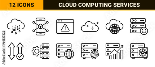 Cloud Computing and Web Hosting Infrastructure Essentials. Ultra-Minimalist Monoline Geometric Line Art for Network Security and Data Storage.