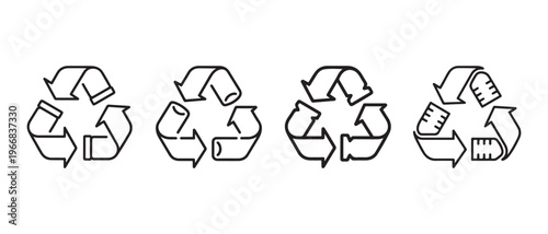 Line Art Recycling Symbols Set. Black Outline Icons for Eco-Friendly, Sustainability, and Environment Concepts.