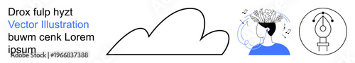 Creativity, brainstorming, design process, artistic tools, innovation, imagination. A cloud outline, a person generating ideas and a pen tool icon. Creativity and brainstorming concept