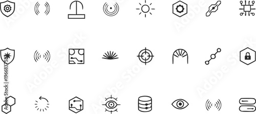 Minimalist technology line icons set, 24 black outline vector symbols for cybersecurity and data networking, modern digital infrastructure graphics