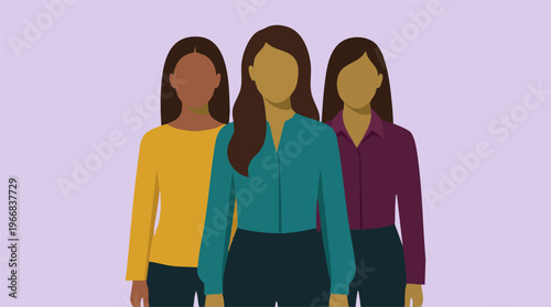 Three diverse women standing together in professional attire illustration