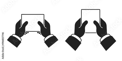"A professional, high-resolution minimalist vector icon set showing hands holding a blank rectangular card or business card, isolated on a light grey checkered background. The set includes two variati