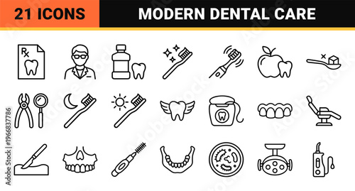 Stomatology and Oral Healthcare Ultra-Minimalist Monoline Line Art Featuring Dental Implants, Orthodontics, and Preventive Care Hygiene Symbols