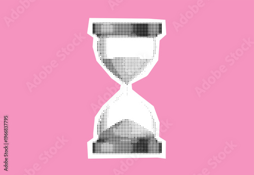 Classic sand timer collage element. Vintage clock with dotted effect. Halftone hourglass with falling sand.