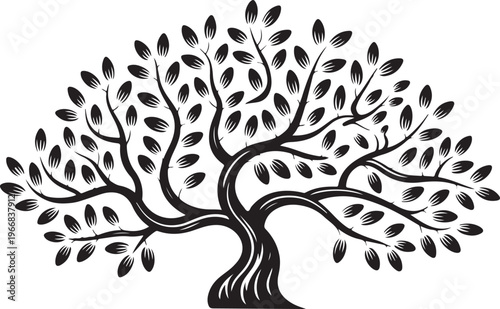 Olive tree isolated silhouette icon with leaves for olive oil vector label. Organic food product package emblem and olive tree silhouette sign of nature, plant for eco or bio extra virgin olive oil