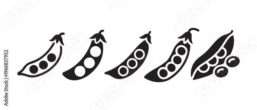 Black Pea Pod Icons. Minimalist Silhouette Collection of Fresh Legumes in a Row, Healthy Food Concept.