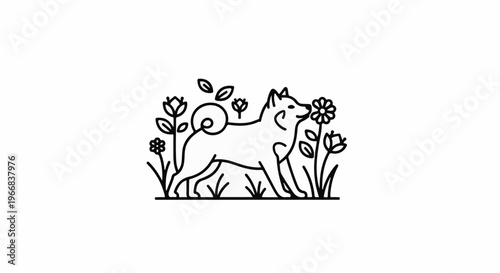 A simplified drawing of a dog smelling a flower in a field of plants