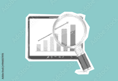  displaying algorithmic trading analytics on a tablet with a magnifying glass highlighting an upward financial growth chart