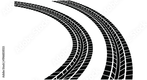 Curving vector graphic illustration of bold black tire tracks on white.