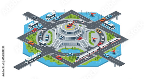 Modern City Transportation Hub with Vehicles and Infrastructure.