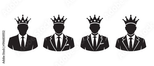 Minimalist Silhouettes of Crowned Businessmen in Suits, Symbolizing Corporate Leadership and Success on White Background.