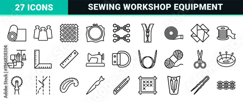 Tailoring and Textile Craft Geometric Line Art featuring Ultra-minimalist Monoline Symbols for Garment Construction and Sewing Workshop Utility.