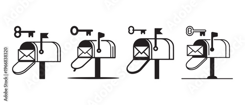 Set of Four Mailbox and Key Icons. Representing Secure Email Communication and Digital Access.