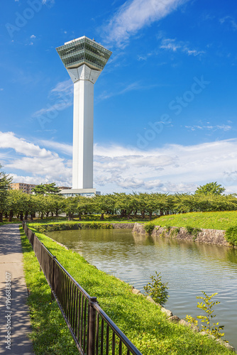 The observation tower and the moat of the Goryokaku fortress, a star fort designed by Takeda Ayasaburo and influenced by French military engineer Vauban