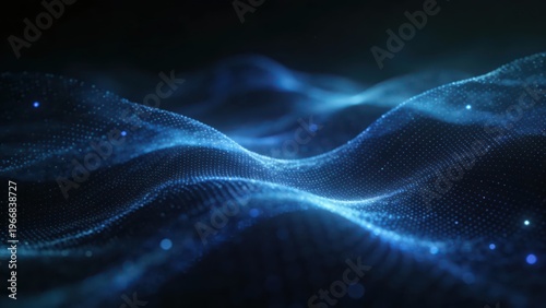 Technological particle light waves flow against a dark background, presenting a futuristic and digital technology atmosphere, making it a visual material image suitable for backgrounds and materials.