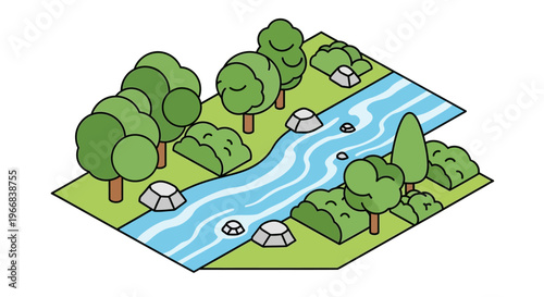 Isometric River Landscape with Trees and Rocks.