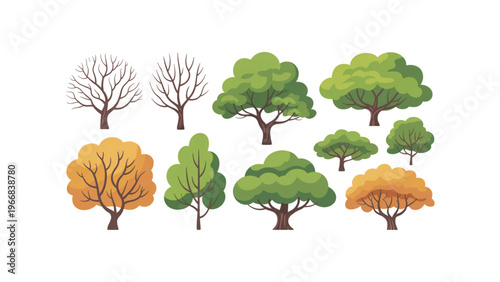 A group of stylized trees with autumnal and evergreen foliage in a row Vector