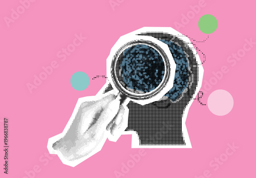 Brain and magnifying glass illustration exploring the mind