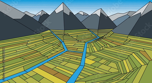 Stylized Mountain Landscape with River and Terraced Fields.