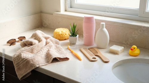 Cuadro en lienzo Organized bathroom counter with essential toiletries, soft towel, and a clean, minimalist aesthetic for daily hygiene