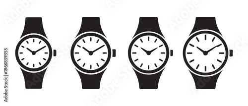 Set of Minimalist Black and White Watch Icons on White Background, Clean Timepiece Illustrations.
