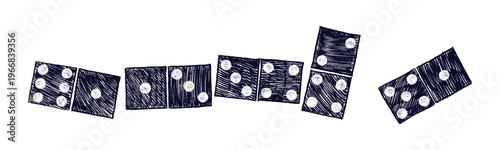 Hand drawn domino. Doubles game. Black and white illustration set with dots, perfect for hobby, entertainment design project. Vector scribble in doodle sketch style on transparent bg