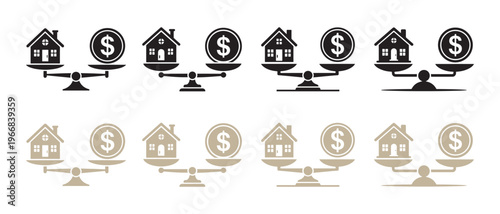 Real Estate and Money Balance on Scales Icon Set, Representing Property Value, Investment, and Financial Equilibrium.