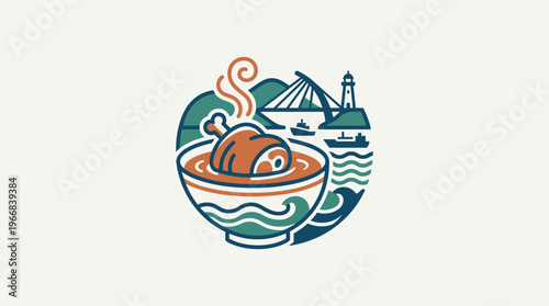 Asian Cuisine and Scenic Coastal Landscape Icon