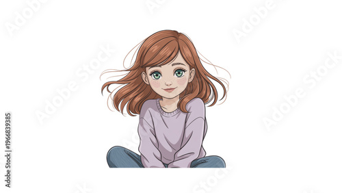 A cheerful cartoon girl with curly hair sitting cross-legged and smiling warmly Vector