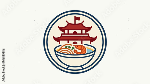 Charming Asian Noodle Bowl Logo With Pagoda Element