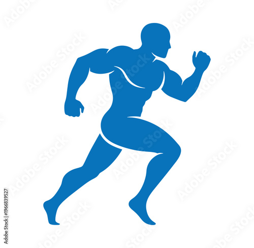 Blue silhouette of a muscular man running quickly to the right side