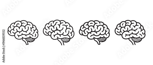 Minimalist Line Art Brain Icons Aligned on White Background, Symbolizing Thinking and Intelligence.