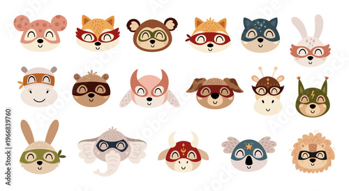 Cute Cartoon Superhero Animals Faces Clipart Set. Super Hero Characters Images. Kids Hand Drawn Vector Illustrations.