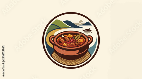 Rustic Stew in a Ceramic Pot Outdoors Scene