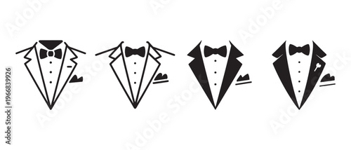 Elegant Black and White Tuxedo and Bow Tie Icons on White, Illustrating Classic Formal Wear Styles.