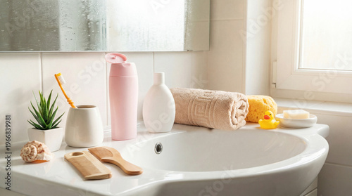 Schilderij op canvas Brightly lit bathroom sink area with essential toiletries, a soft towel