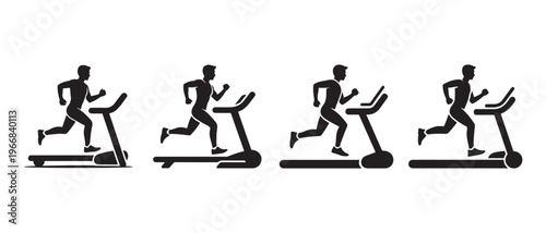 Black Silhouette Icons of People Running on Treadmills, Representing Fitness and Exercise on a Clean White Background.