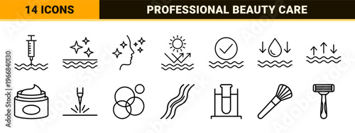 Dermatology and Aesthetic Skincare Linear Symbols: Ultra-Minimalist Monoline Icons for Professional Medical Cosmetology and Facial Treatment.