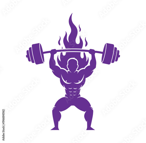 Muscular man lifting heavy dumbbell with flames rising up from barbell overhead