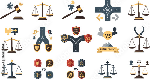Justice System and Legal Battle Icon Set with Court Balance Scales Lawsuit Puzzle Legal Dispute and Litigation Competition Elements.