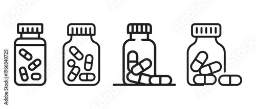 Line Art Icons of Pharmaceutical Capsules in Pill Bottles, representing Healthcare and Medicine.