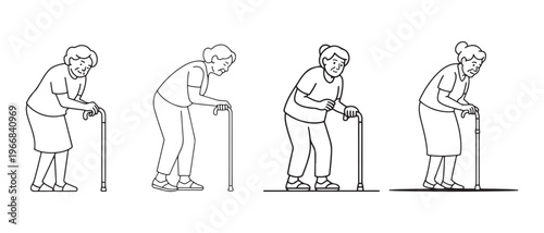 Black and white line art illustration of senior women with walking sticks, depicting aging and mobility challenges and support.