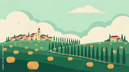 Tuscan landscape with rolling hills, hay bales, cypress trees, and a village